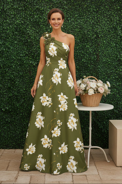 One-Shoulder Floral Print A-Line Evening Gown