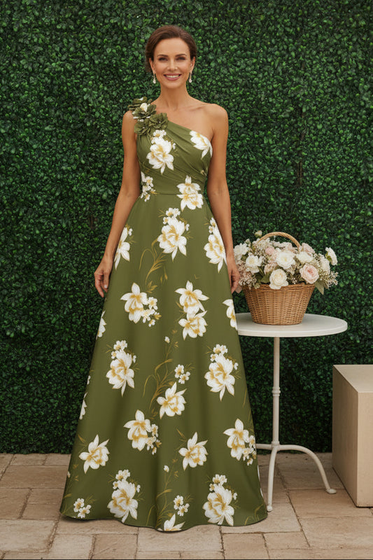 One-Shoulder Floral Print A-Line Evening Gown