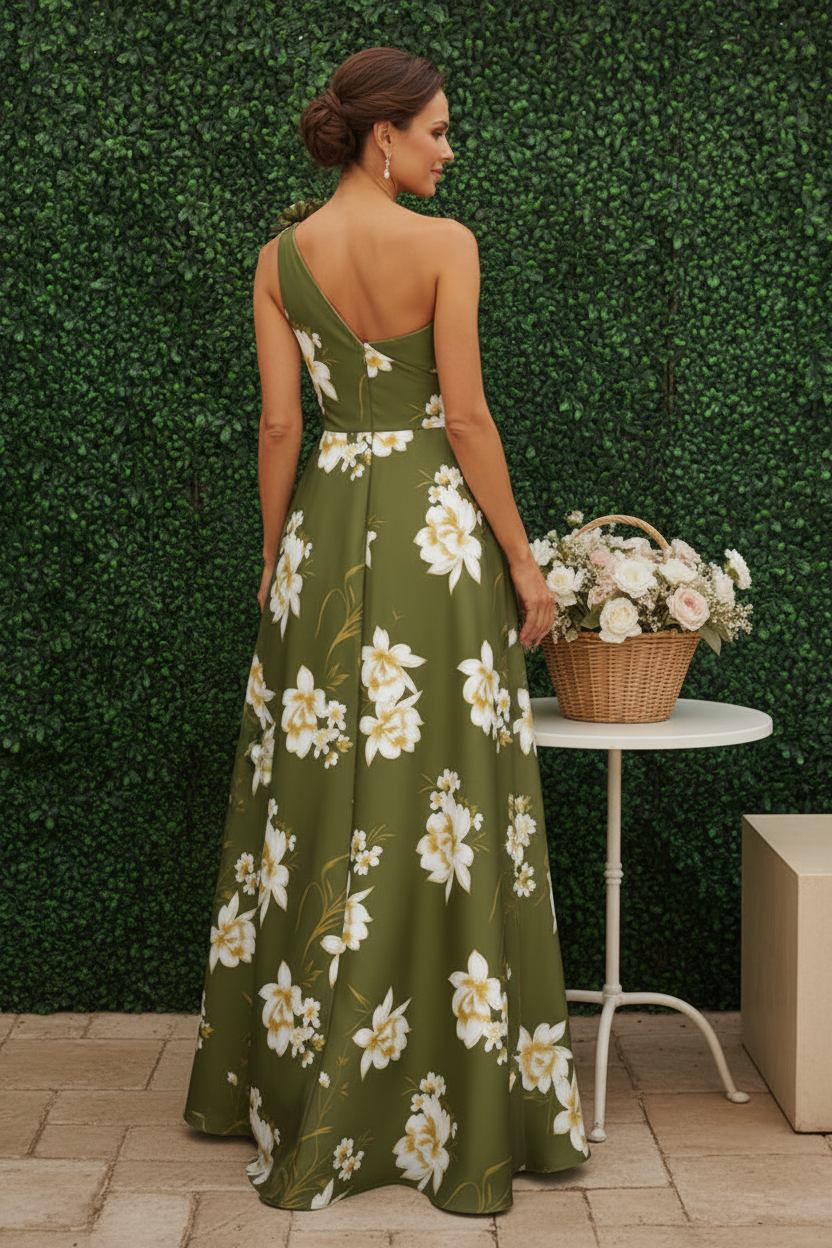 One-Shoulder Floral Print A-Line Evening Gown