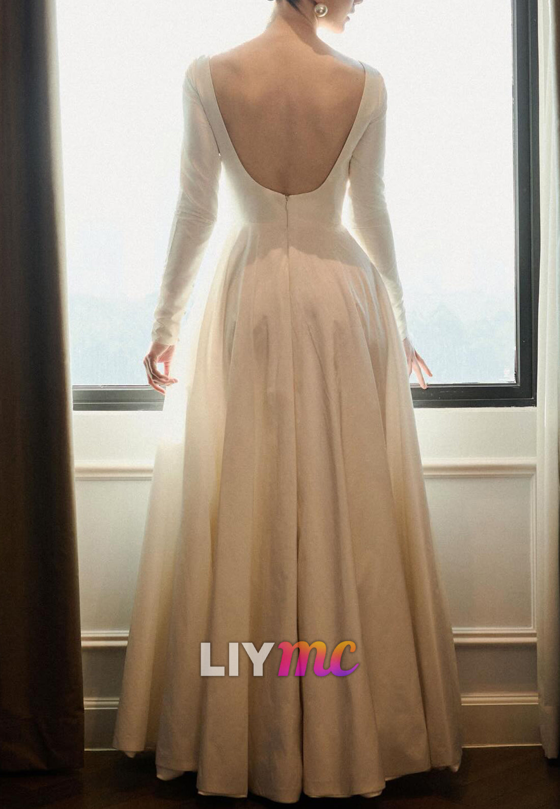 Minimalist Long Sleeve Open Back Satin Wedding Dress