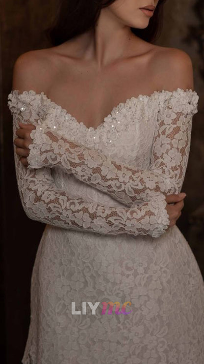 Off-the-Shoulder Lace Mini Dress with Long Sleeves
