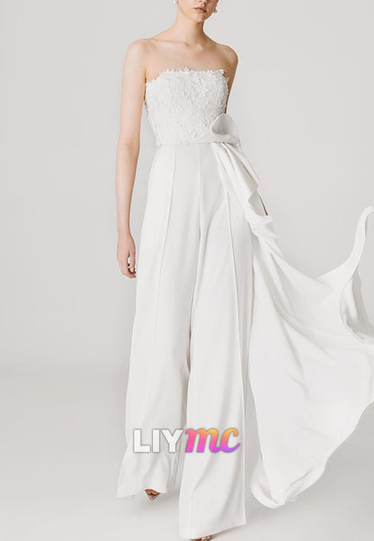 Strapless Floral Appliqué Jumpsuit with Draped Train