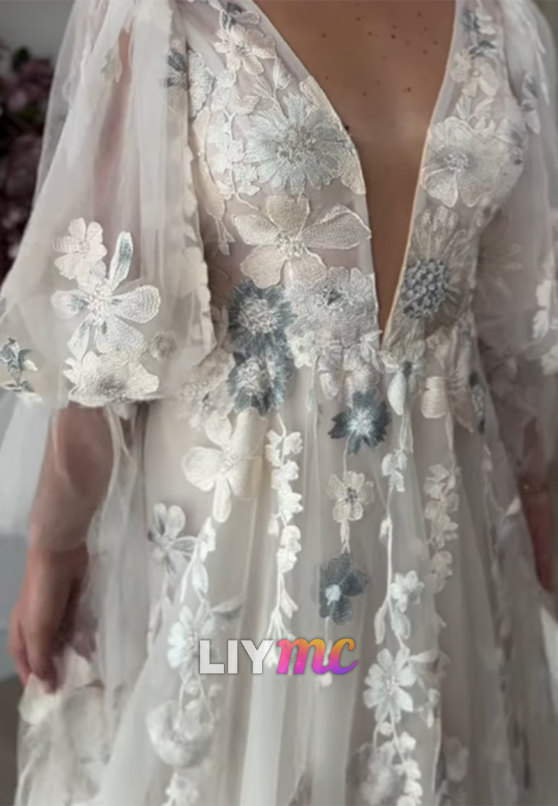 Floral Embroidered Plunging V-Neck A-Line Gown