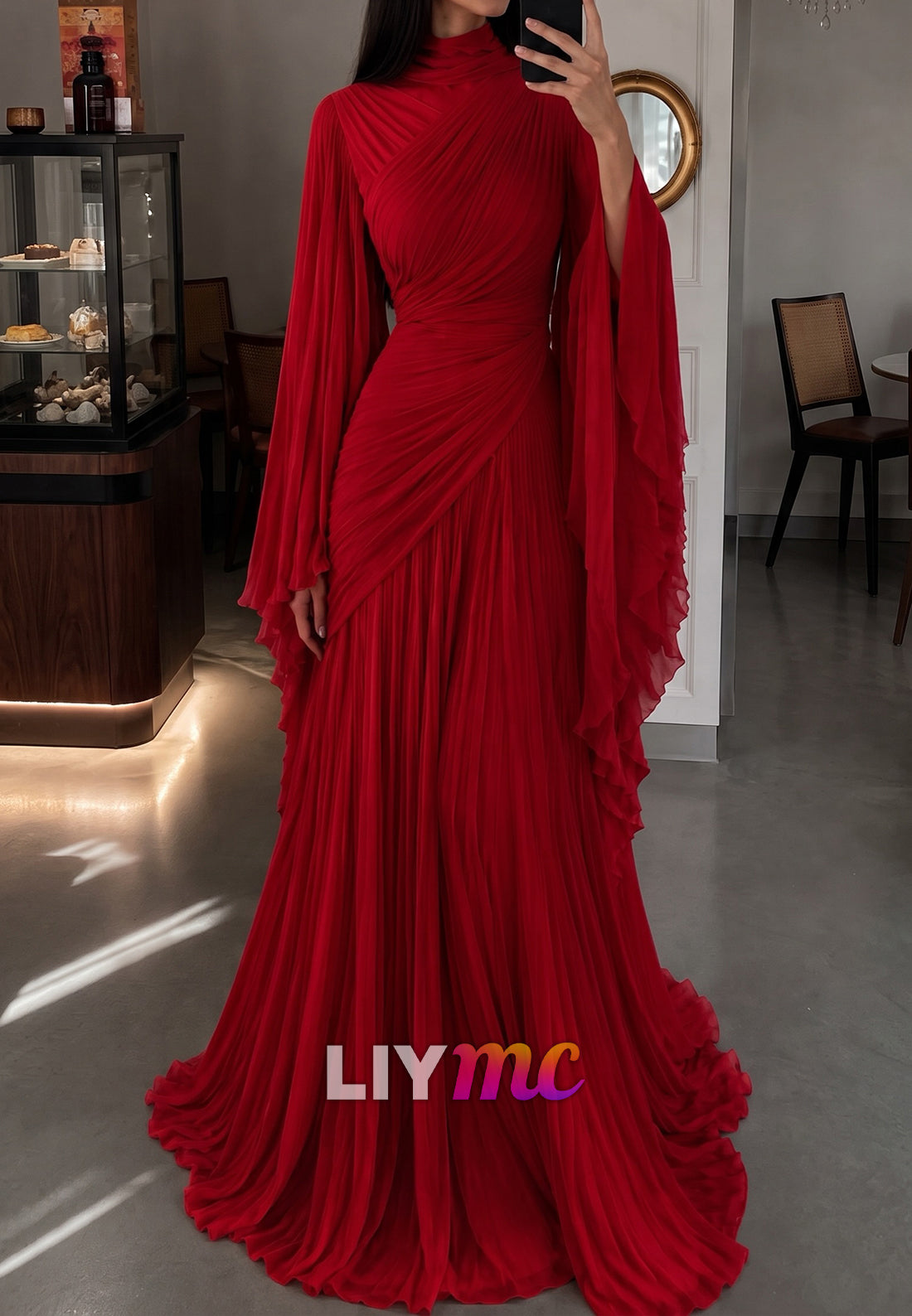 Pleated Chiffon Gown with High Neck and Bell Sleeves