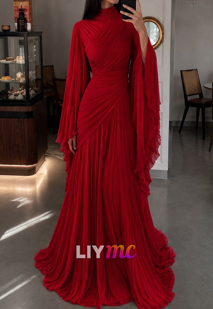 Pleated Chiffon Gown with High Neck and Bell Sleeves