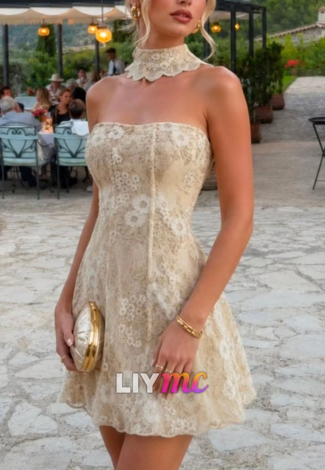 Strapless Floral Lace Mini Dress with Choker Collar