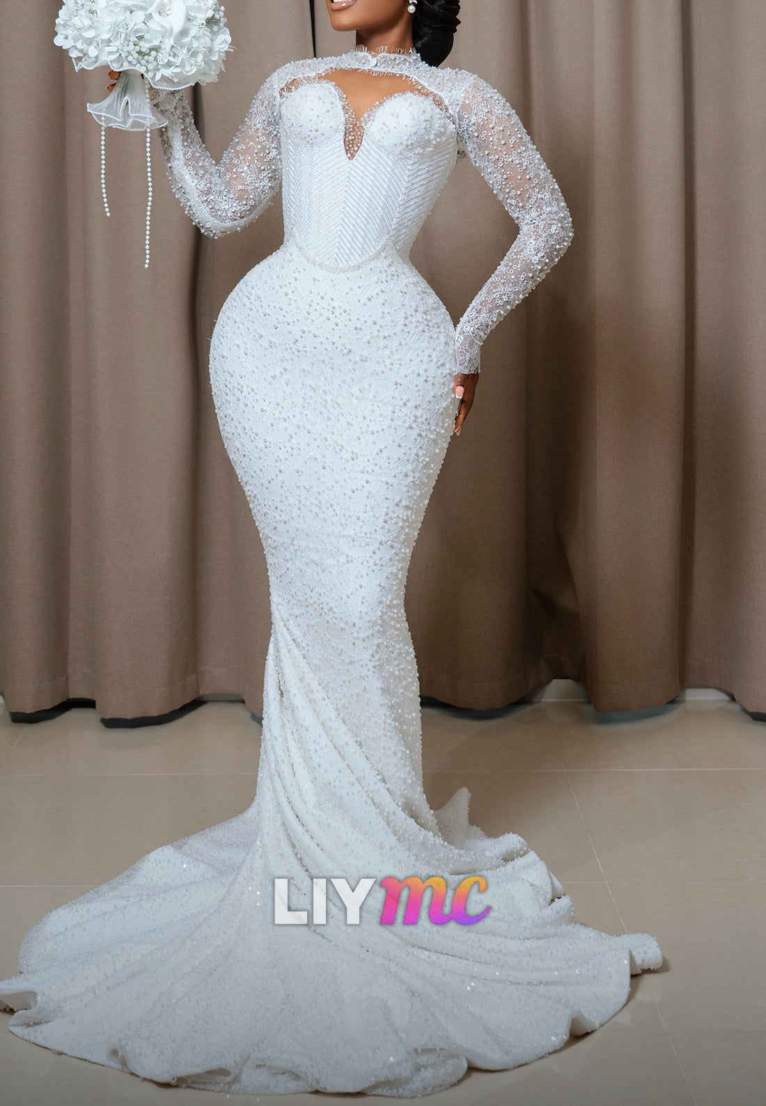 Pearl-Beaded Mermaid Wedding Gown with Illusion High Neck