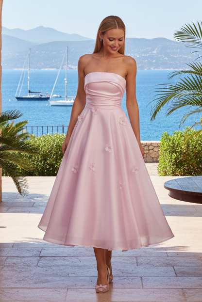 Strapless 3D Floral Applique Midi A-Line Dress