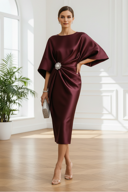 Elegant Satin Bateau Neck Drape Midi Dress