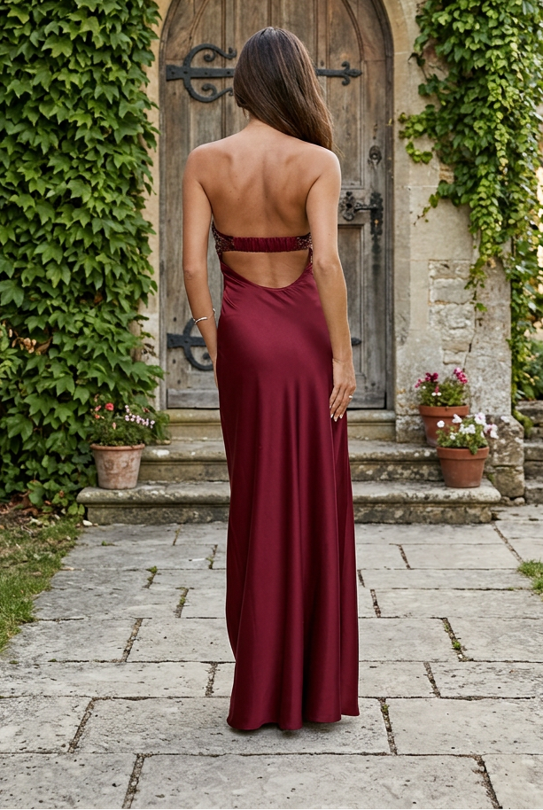 Strapless Sequin Bust Satin Maxi Dress