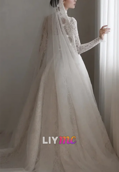 High Neck Lace Long Sleeve A-Line Wedding Dress