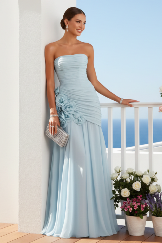 Strapless Ruched Chiffon Evening Gown with 3D Flowers