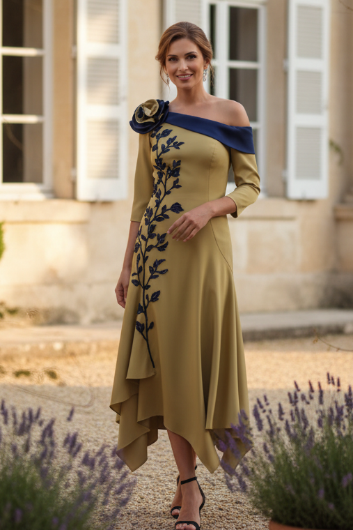 One-Shoulder Midi Dress with Floral Appliques