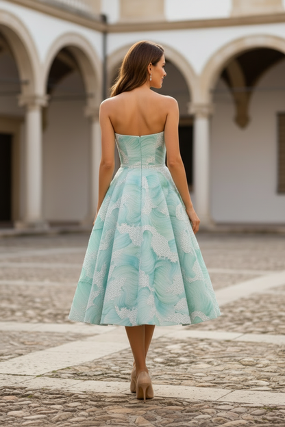 Strapless Textured Jacquard A-Line Midi Dress