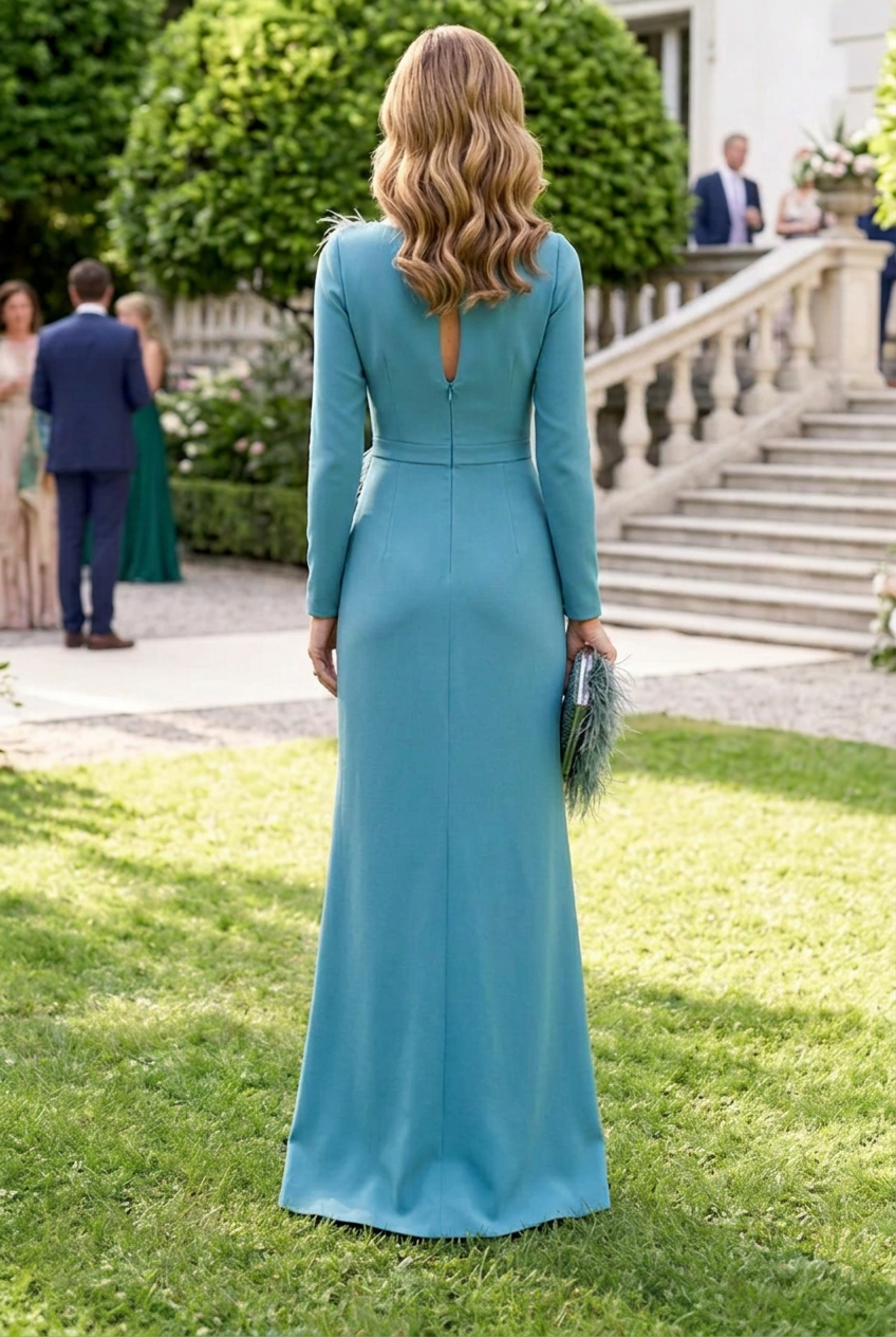 Feather Embellished Open Back Gown with Slit