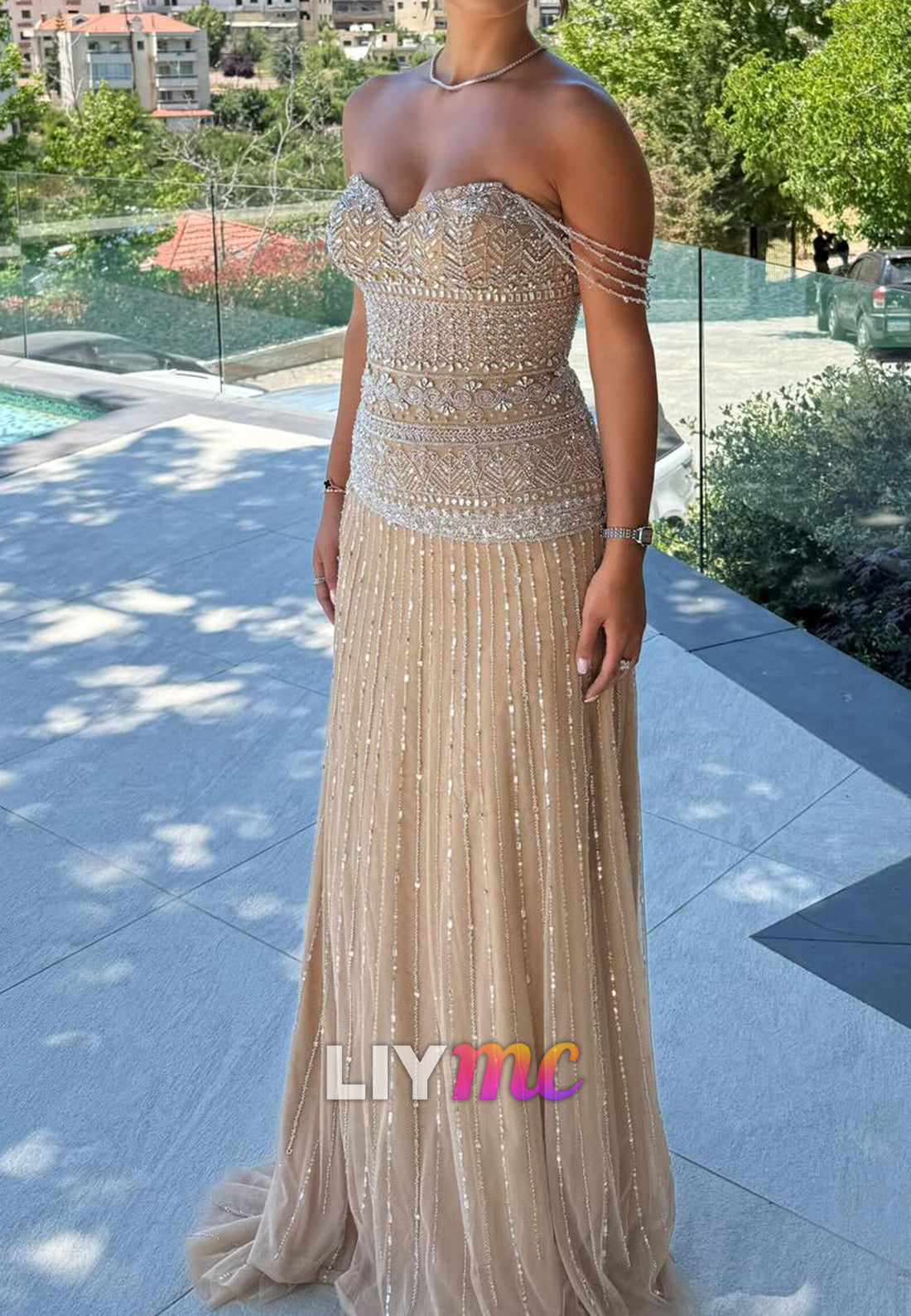 Beaded Sweetheart Off-the-Shoulder Column Gown