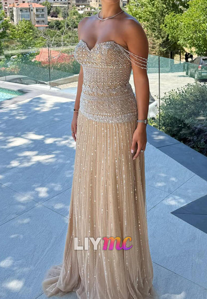 Beaded Sweetheart Off-the-Shoulder Column Gown