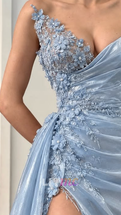 Floral Applique Asymmetrical Slit Evening Gown