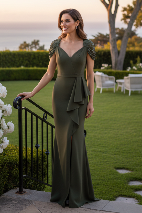 Pearl Beaded Cap Sleeve Mermaid Evening Gown