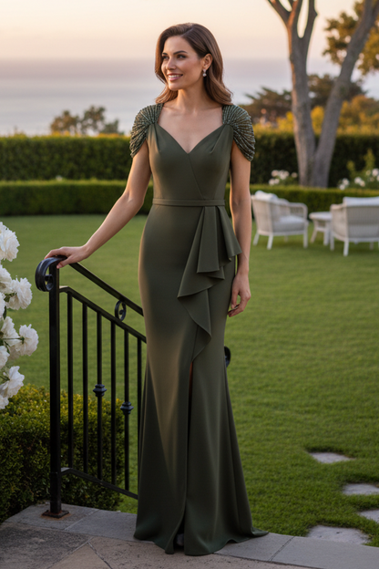 Pearl Beaded Cap Sleeve Mermaid Evening Gown
