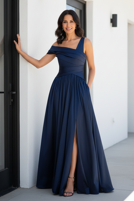 One-Shoulder Pleated Satin A-Line Gown