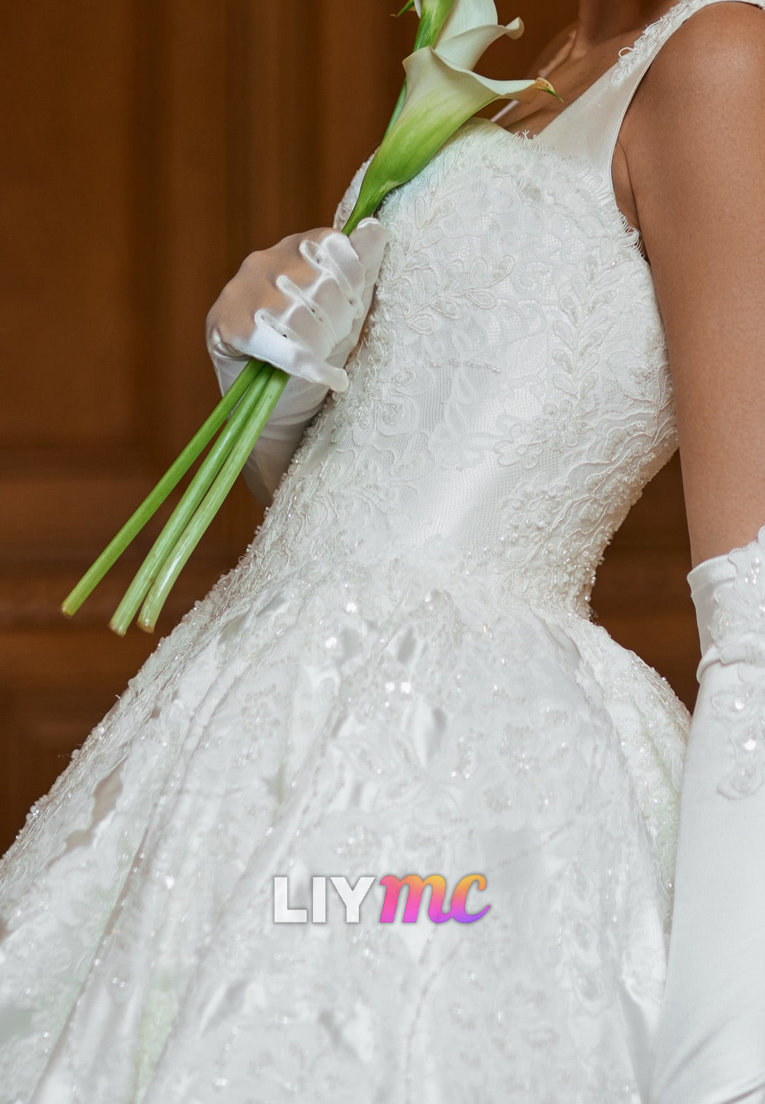 Square Neck Lace Applique Satin Ball Gown Wedding Dress
