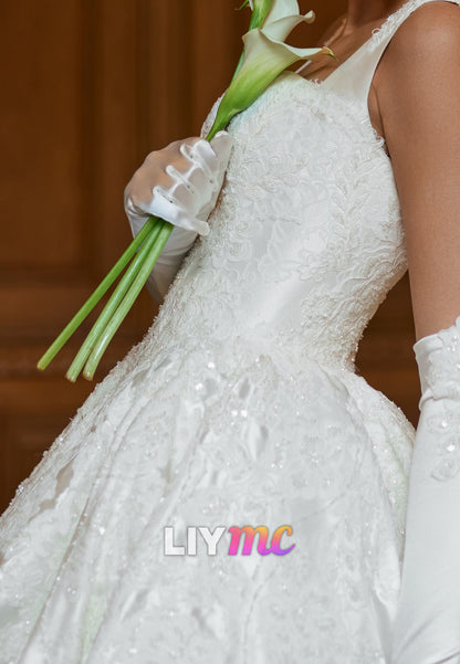 Square Neck Lace Applique Satin Ball Gown Wedding Dress