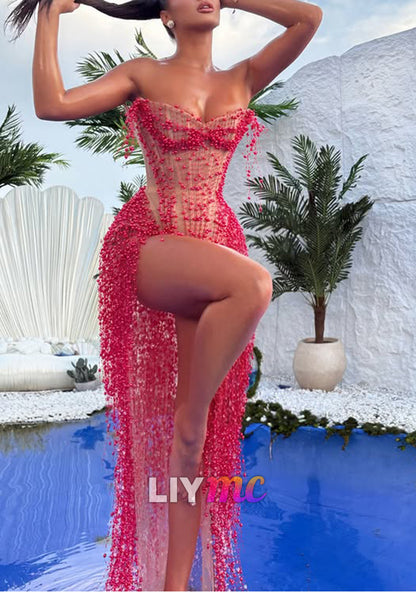 Beaded Corset Evening Gown with High Slit