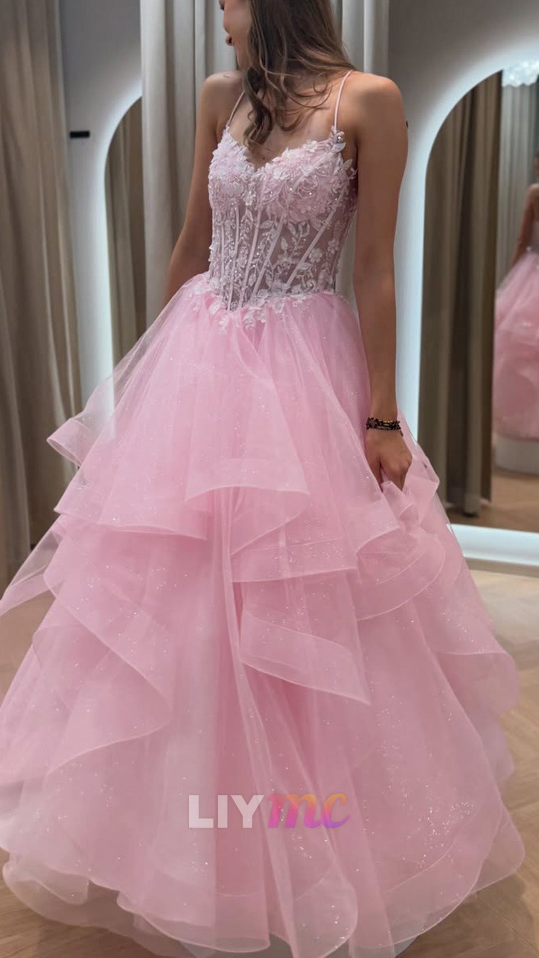 Tiered Glitter Ball Gown with Sheer Corset Bodice