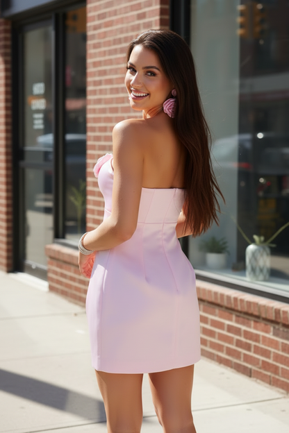 Strapless Satin Mini Dress with 3D Floral Appliques