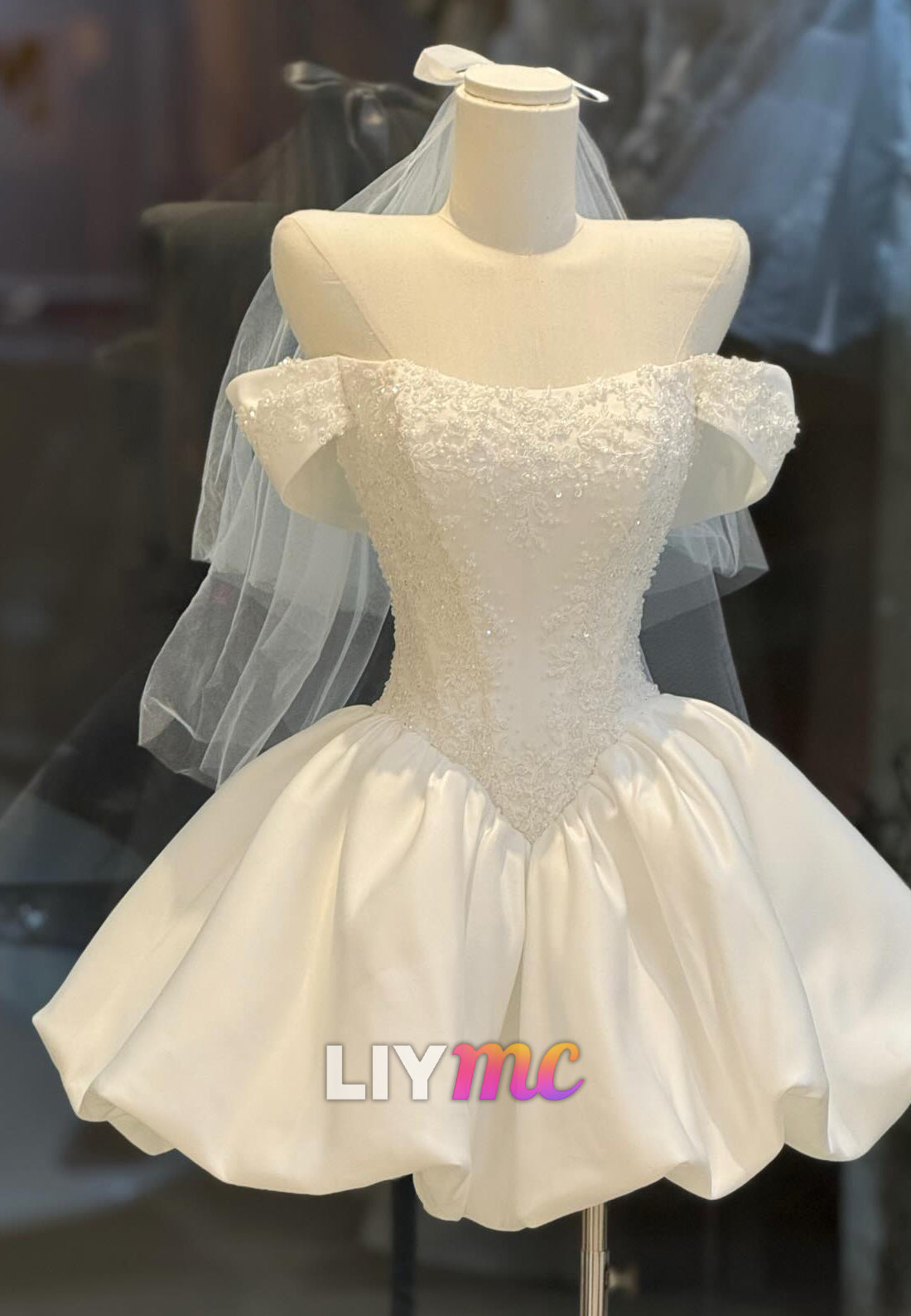 Off-the-Shoulder Bubble Skirt Mini Wedding Dress