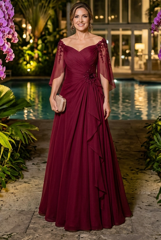 A-Line Gown with Flutter Sleeves and Side Ruffle