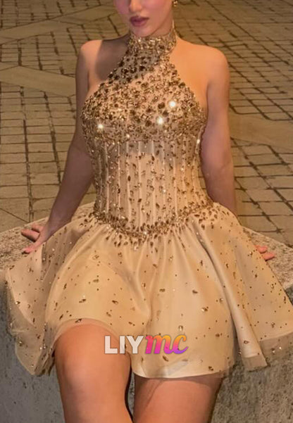 Crystal Halter Corset A-Line Mini Dress