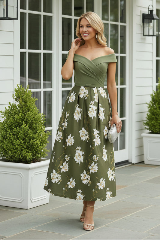 Off-the-Shoulder Floral Pleated A-Line Midi Dress