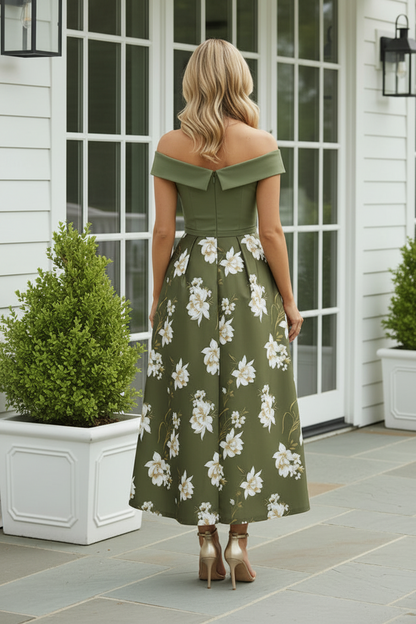 Off-the-Shoulder Floral Pleated A-Line Midi Dress