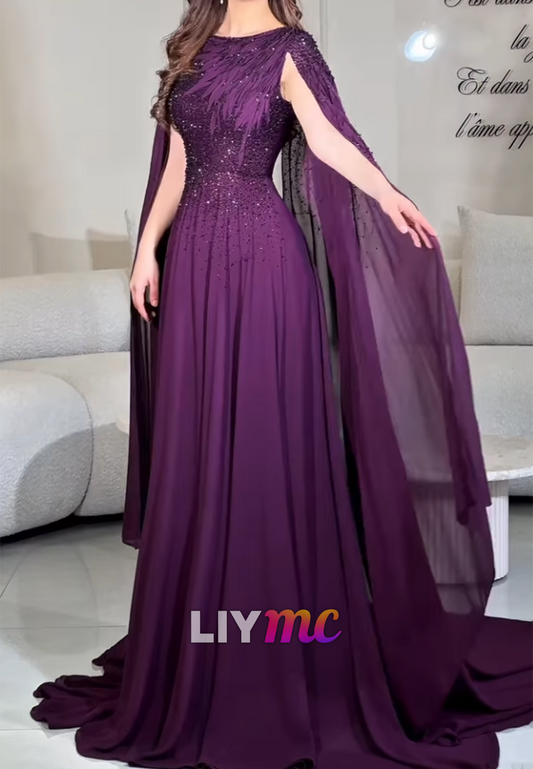Beaded Cape Sleeve A-Line Evening Gown with Train