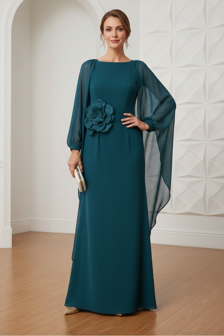 Chiffon Cape Sleeve Evening Dress with 3D Flower