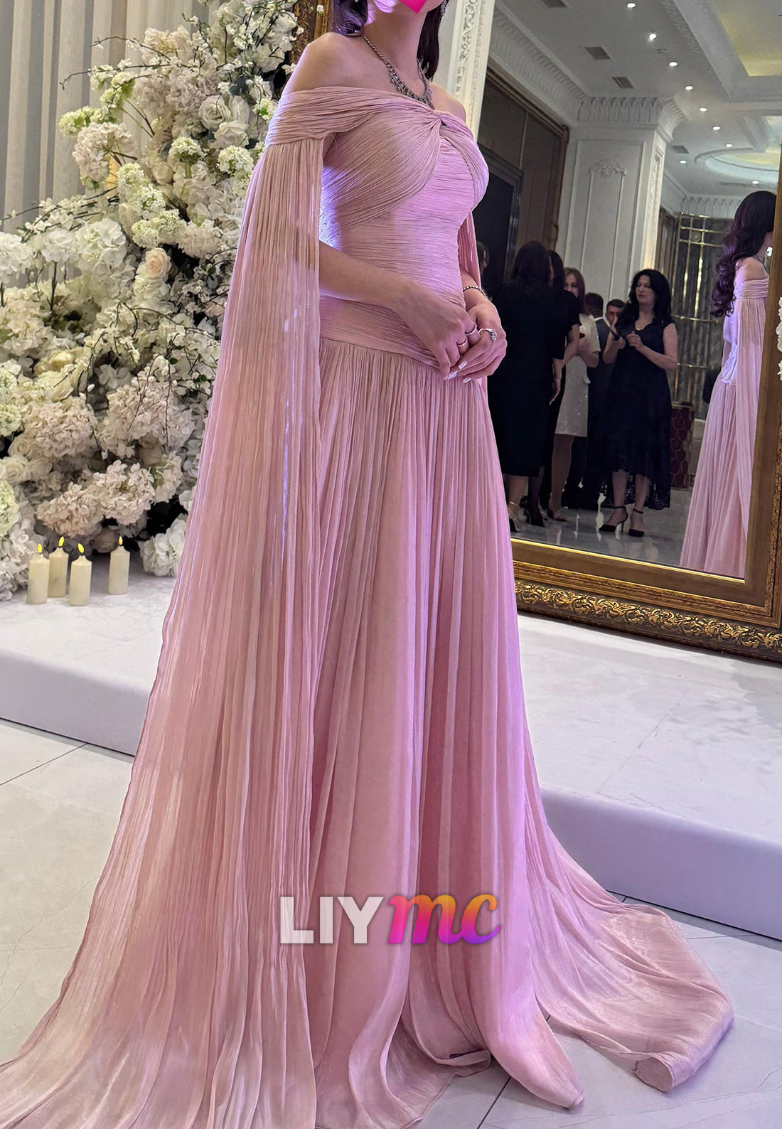Pleated Off-the-Shoulder Cape Sleeve Evening Gown
