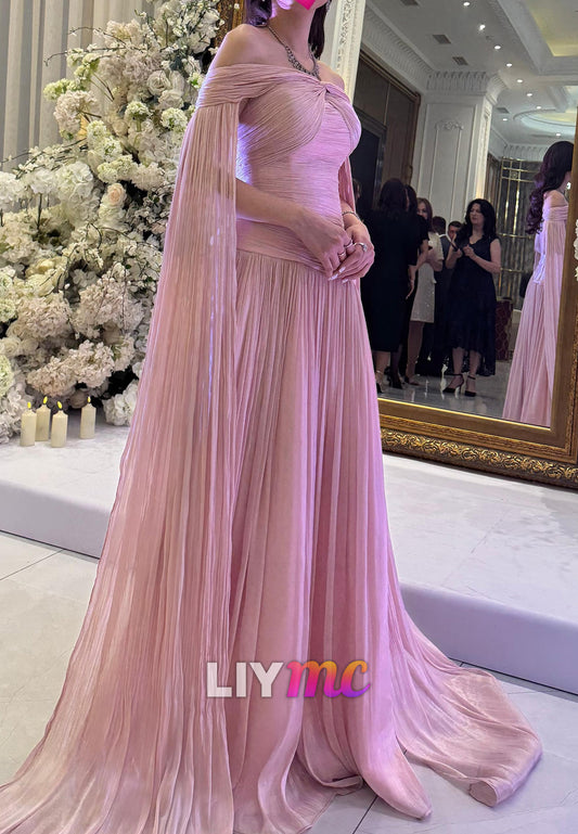 Pleated Off-the-Shoulder Cape Sleeve Evening Gown