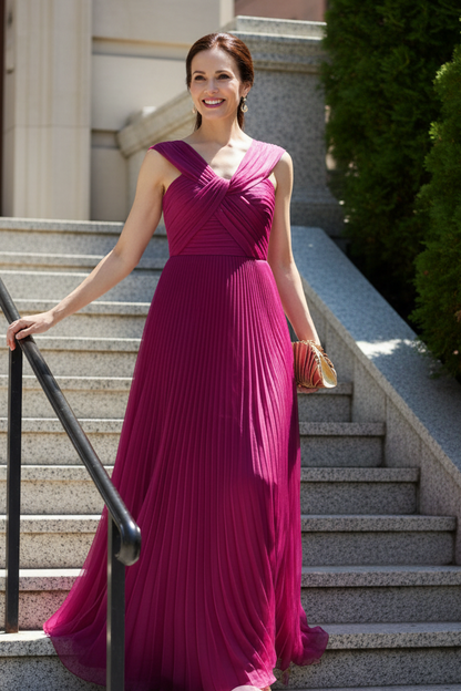 Pleated V-Neck A-Line Evening Gown