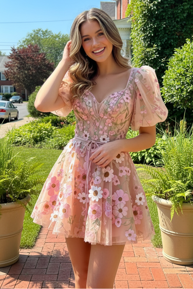 3D Floral Applique Puff Sleeve Mini Dress