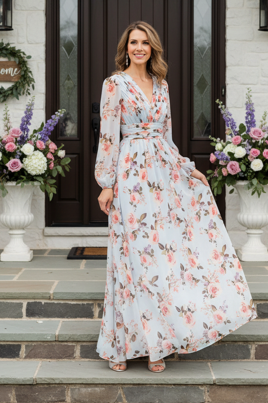 Floral Print Chiffon Long Sleeve Maxi Dress