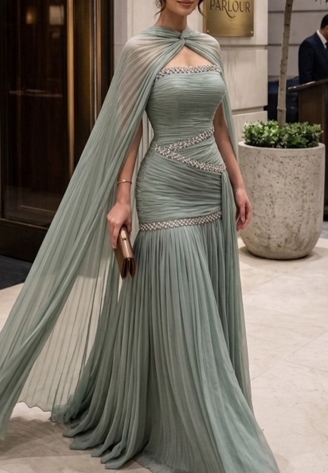 Cape Evening Gown with Beaded Waist and Keyhole Neckline