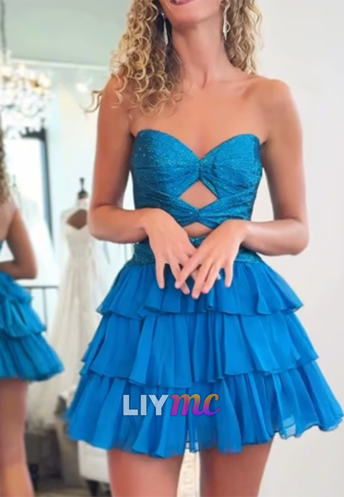 Strapless Tiered Mini Dress with Bodice Cut-Outs