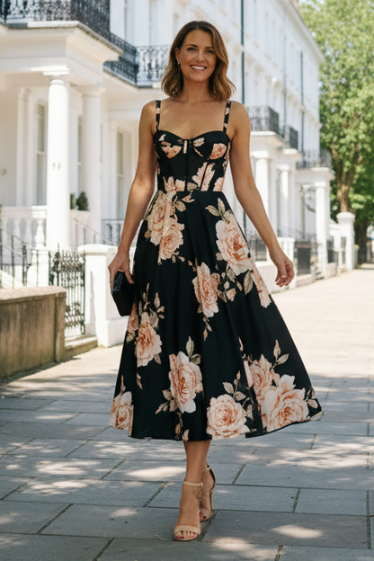 Floral Corset A-Line Midi Dress