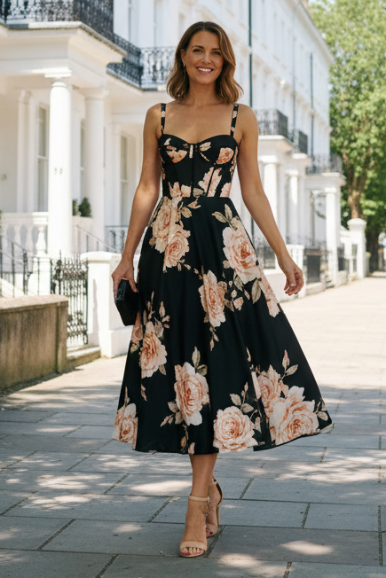 Floral Corset A-Line Midi Dress