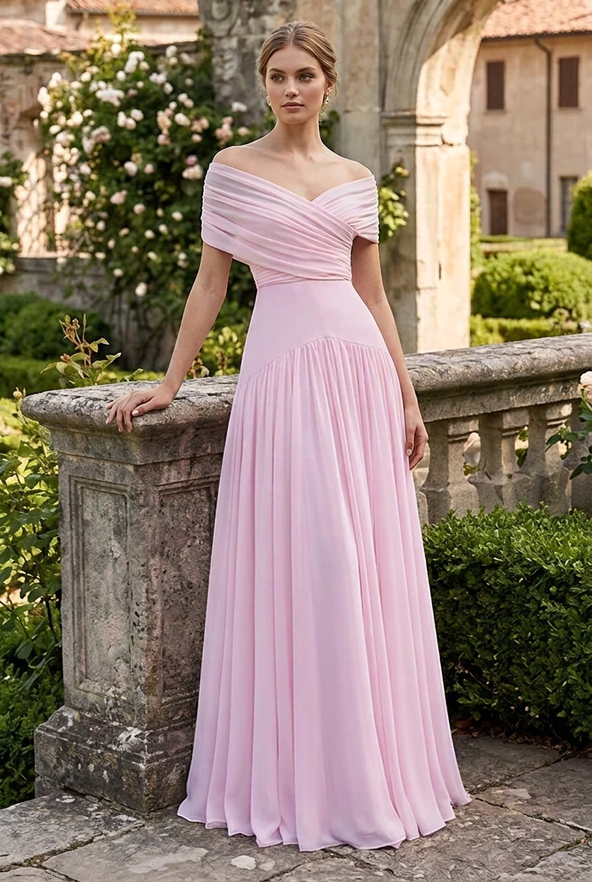 Off-the-Shoulder Pleated Gown with Basqued Waist
