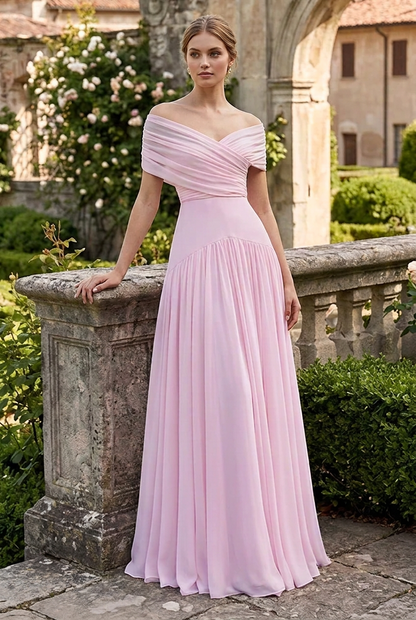 Off-the-Shoulder Pleated Gown with Basqued Waist