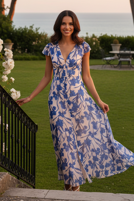 Floral Print Chiffon Maxi Dress with Flutter Sleeves