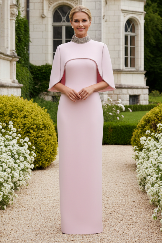 Cape Sleeve Column Gown with Crystal High Neck